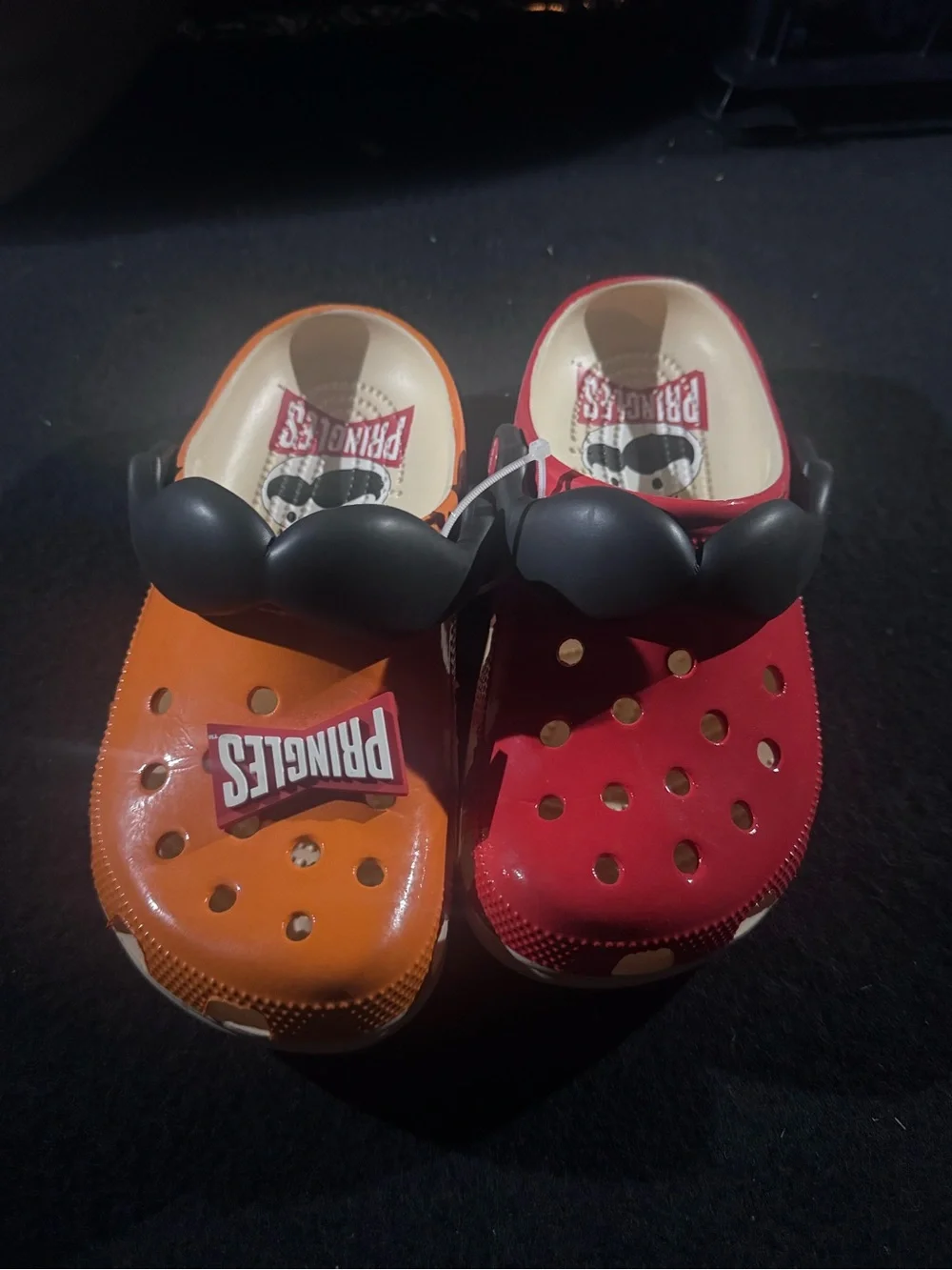 Pringles Crocs Orange and Red Sandals with Black Moustache